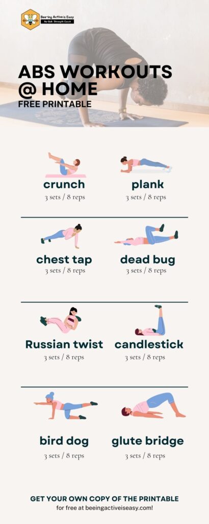 abs workouts at home ideas for you: crunch, plank, chest tap, dead bug, Russian twist, candlestick, bird dog, glute bridge. Click to download your free guide