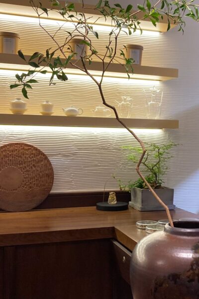 bonsai tree with tea in the background